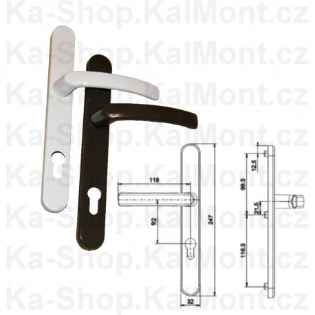 Dveřní kování Duo 92 klika klika bílá hnědá, úzký štítek 32 mm, 40 - 82 mm pro plastové dveře