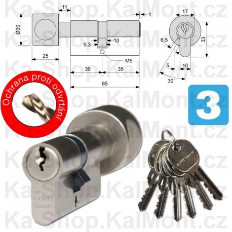 Bezpečnostní vložka EURO SECURE 35 30 knoflík senior 6 klíčů