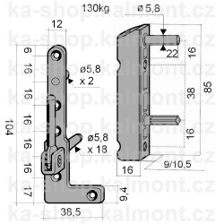 Pant Roto NT na plastové okno a balkon, dolní, trny 5,8 mm, 2D, 130kg