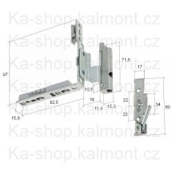 Pant Roto NT dolní s úhelníkem na dřevěné okno, drážka 16, falc 18, osa 9, vůle 12 mm