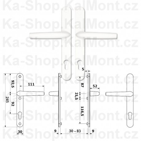 Dveřní štítové bílé kování klika klika vložka 92 mm, úzký štítek 30 mm, plastové, dřevěné a hliníkové dveře 30 - 83 mm